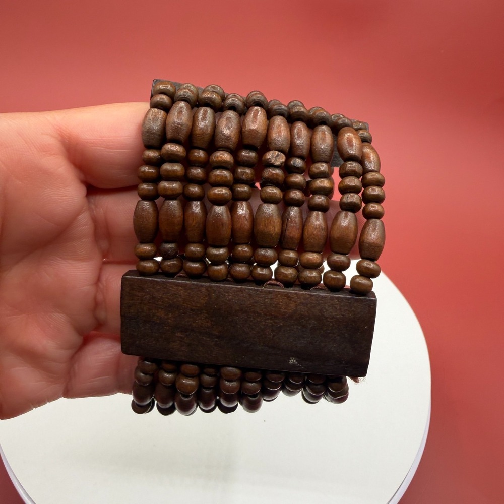 Brown Wood Bead Wide Stretch Bracelet Multi Strand Boho Tribal Vintage Style